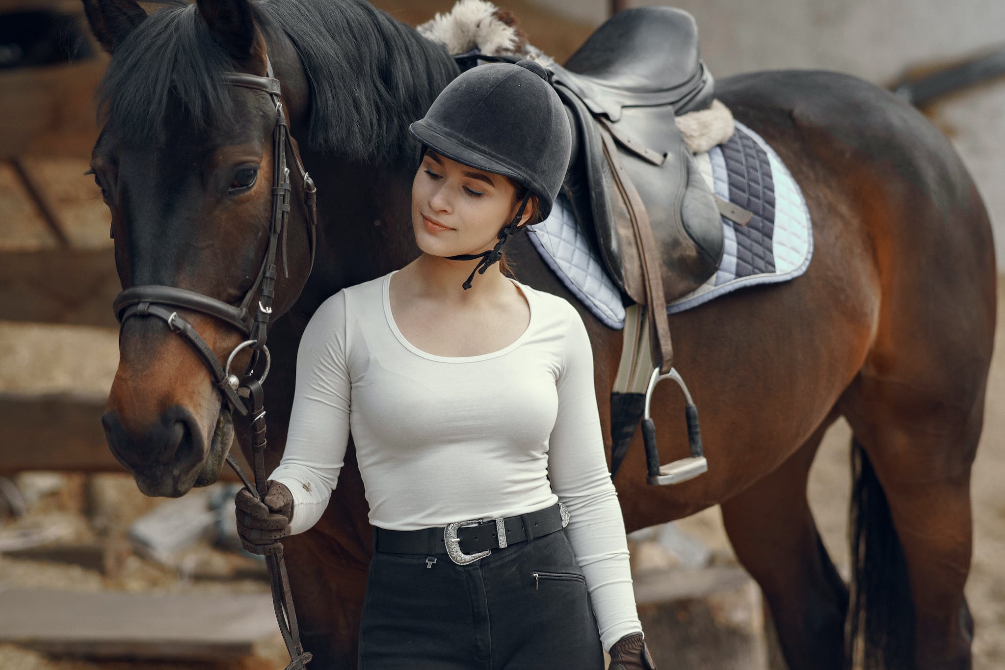 Woman Looking at a Brown Horse